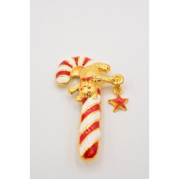 Vintage Christmas Candy Cane Pin Brooch Red White Enamel Gold Teddy Bear Bin7 - Picture 10 of 12